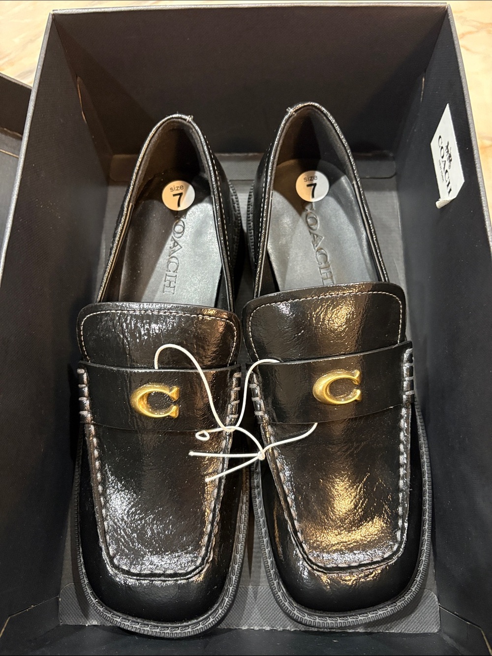 NWT Coach Black Patent Leather Slip-On Loafers with Gold 'C' Accent - Picture 4 of 4